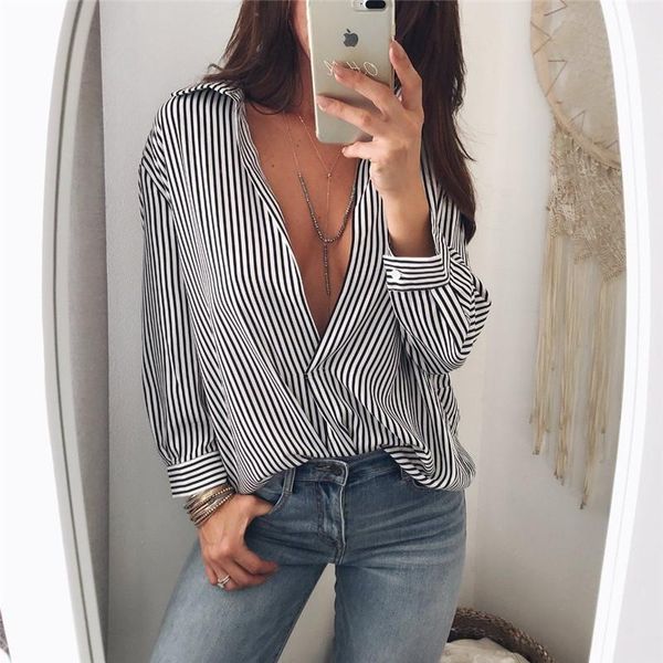 

women's blouses & shirts long sleeve women casual loose summer deep v neck striped ladies shirt, White