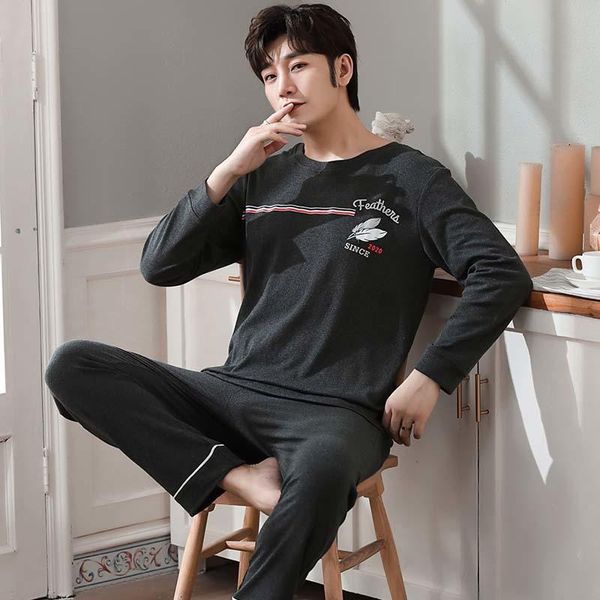 

autumn plus size 3xl pajamas men sleepwear mens cotton pajama set long sleeve nightwear home male winter for sleeping loungewear, Black;brown