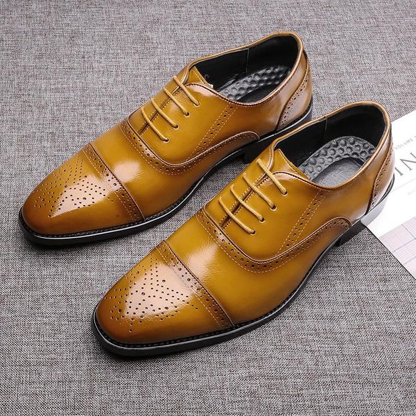 

dress shoes yomior 2021 split leather pointed toe men vintage business formal loafers casual wedding brogue oxfords, Black