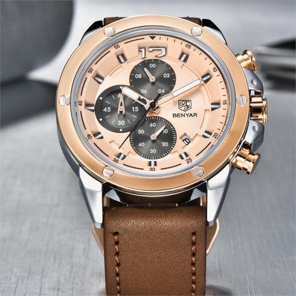 

relogio masculino brand benyar new mens watches luxury sport watch men leather waterproof clock quartz wristwatch, Slivery;brown