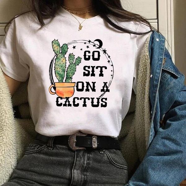 

women graphic cartoon cactus plant casual trend cute 90s ladies print clothes lady tees female t shirt womens t-shirt, White