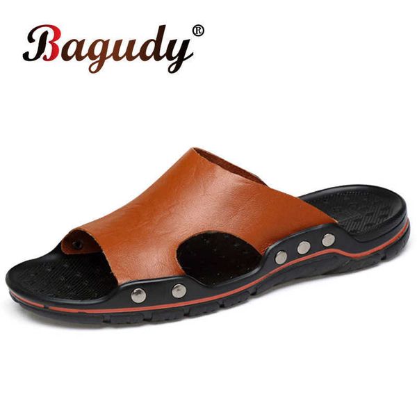 

genuine leather men's slip-on slippers fashion men sandals home slippers soft flat men sandals summer leisure men's slippers 21061, Black