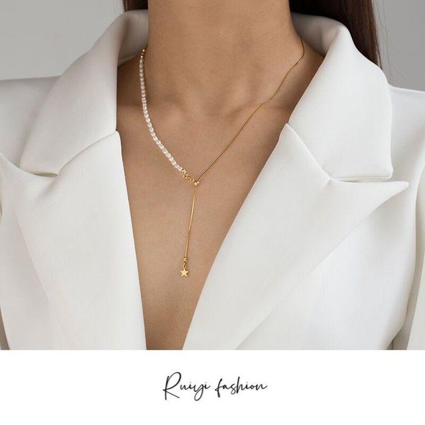 

new arrival exquisite real pearl y-shaped chain necklace ins brass plating necklace fashion winter new long sweater chain gift, Silver