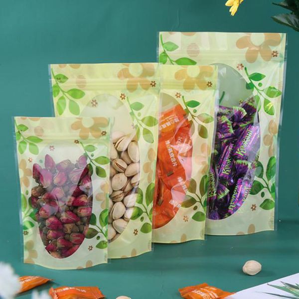 400Pcs Stand up Green Leaf PE plastica Doypack Pouch Zipper Window Bags Food Storage Packaging Packing Bag Polybag