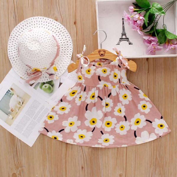 

girl's dresses toddler baby girls flowers printed princess dress sleeveless summer clothes+straw hats caps girl clothes, Red;yellow