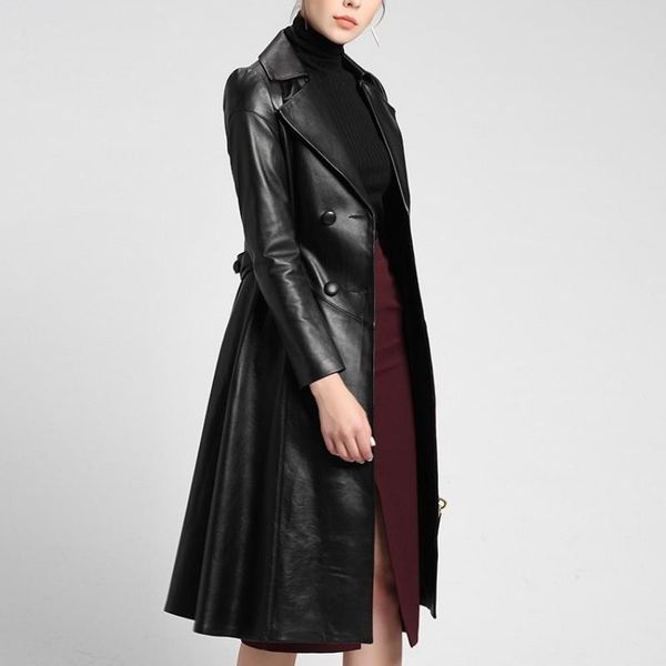 

women's leather & faux real jacket women thin sheepskin long coat track, Black