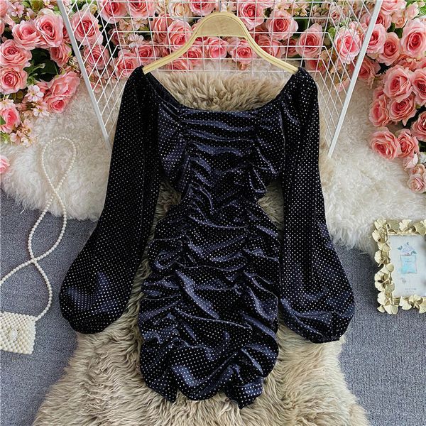 

2021 slash neck draped bodycon mini women elegant lantern long sleeve high waist pleated vestidos female spring autumn dw40, Black;gray