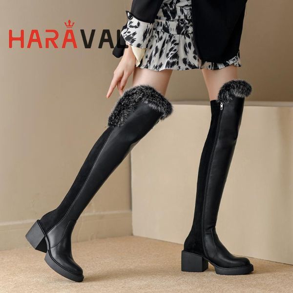 

boots haraval women winter over-the-knee thick bottom genuine leather elegant round toe black zipper e683l