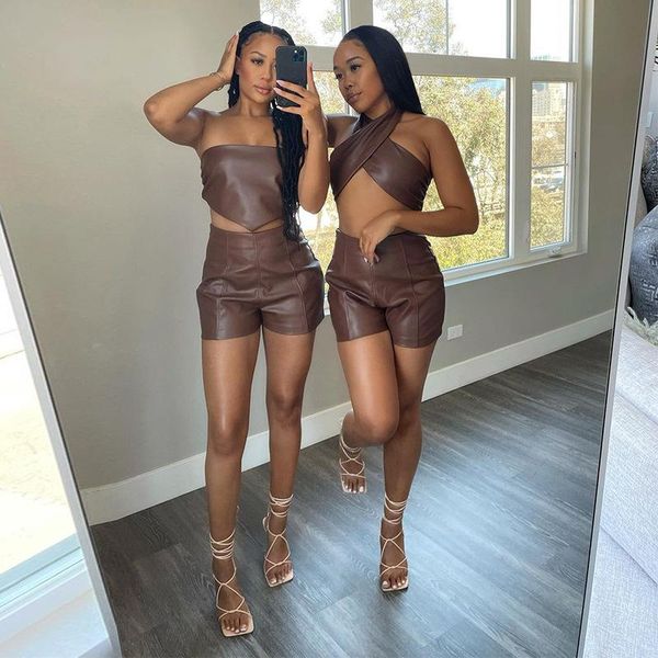 

women's shorts 2021 pu leather two piece sets women harajuku criss cross halter lace up + solid loose casual streetwear, White;black