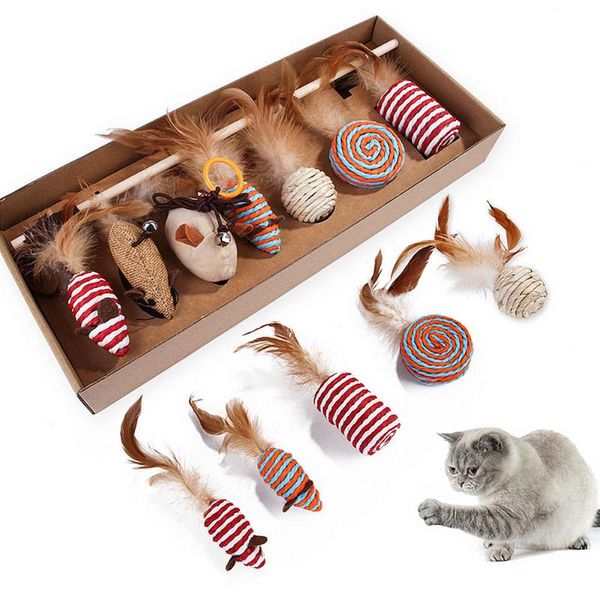 

funny cat playing toys cat mouse feather toys sets for cats small pet kitten scratcher squeaky plush mice ball traning bell