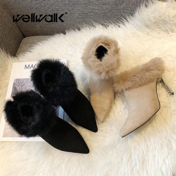 

boots fur shoes women high heels pointed toe suede women's ankle female furry winter woman slip on style1, Black