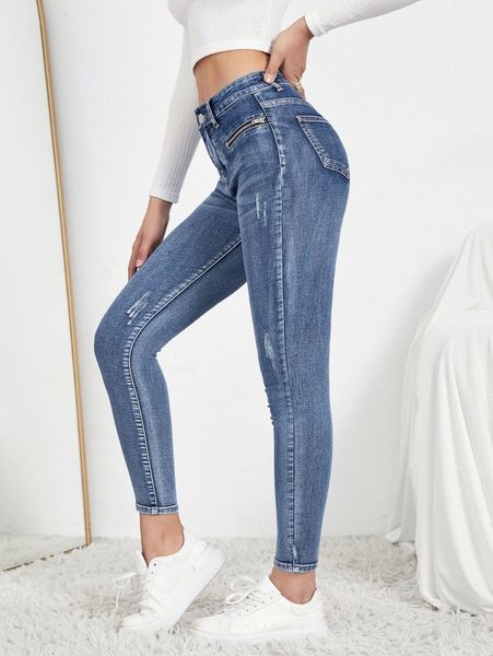 

zipper detail skinny jeans n6ar#, Blue