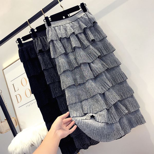 

2021 spring and fashioned new fashion autumn elastic from waist the women silk layer of cake 0kj0, Black
