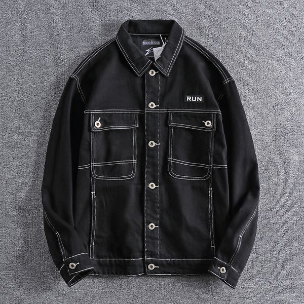 

2021 new black individual large pocket autumn clothes open line design harajuku trend men's denim jacket outerwear coat 0529 pr5x, Black;brown