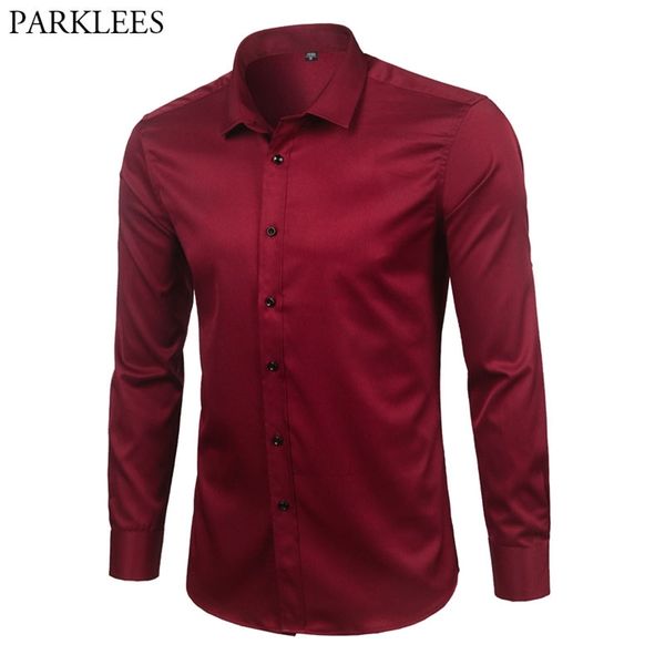 Camicie da uomo in fibra di bambù rosso vino di marca Camicie eleganti da uomo a maniche lunghe slim fit Chemise Homme Camicia da uomo formale elastica con bottoni casuali 210714