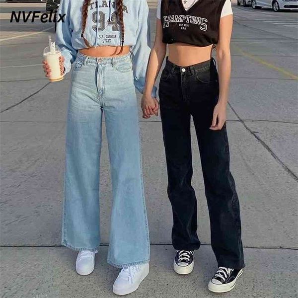 

summer baggy jean comfort wide leg denim pants casual high loose straight trousers femme plus size cotton 210809, Blue
