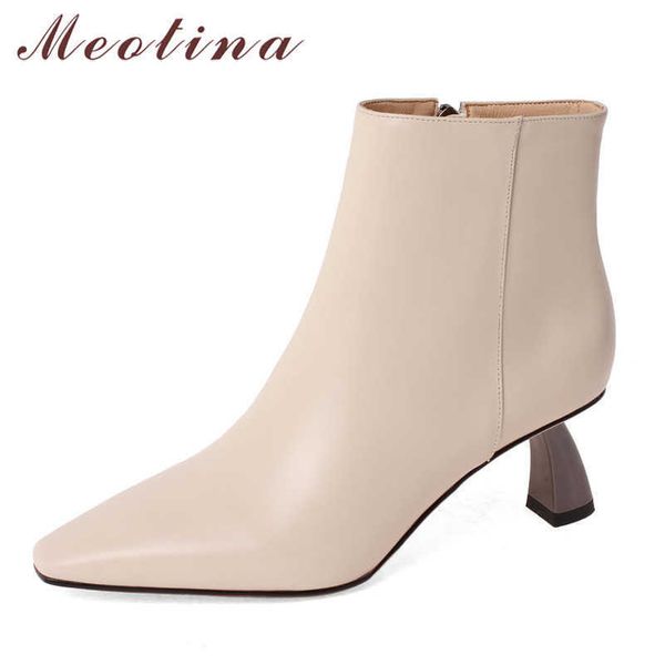 

meotina genuine leather high heel ankle boots women shoes pointed toe strange style heels zip short boots female autumn winter 210608, Black