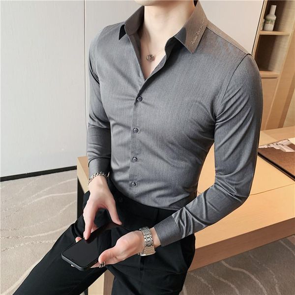 

men's casual shirts plus size 4xl-s autumn fashion embroidery collar long sleeve for men clothing 2021 non-iron slim fit office chemise, White;black