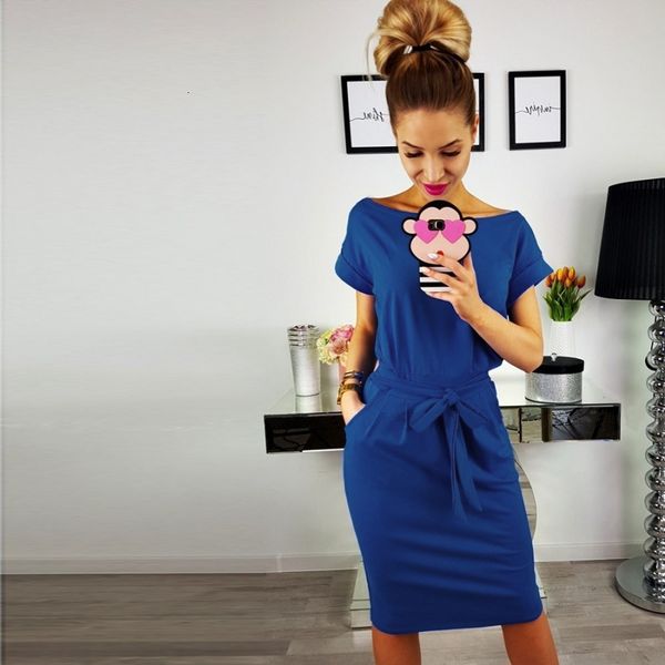 

simple solid color dress women sashes o-neck casual pencil dresses summer clothing female, White;black