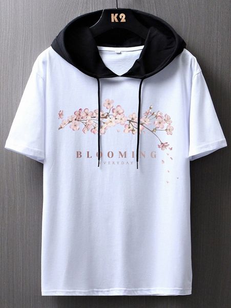 

men sakura and letter graphic hooded tee w7uh#, White;black
