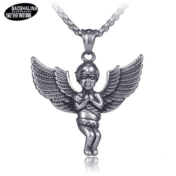

paulina star hip hop titanium steel necklace tide stainless angel wing pendant, Silver