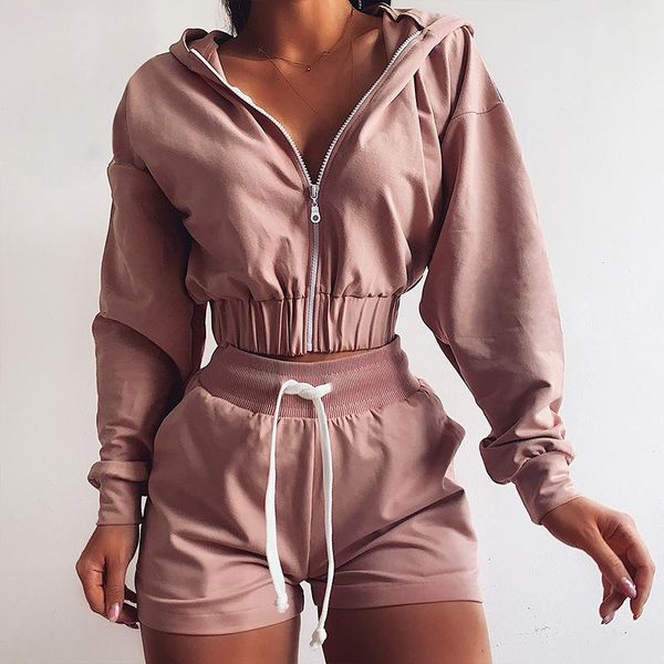 

women's two piece pants set cardigan zipper hooded tracksuit long sleeve sweatshirts hem ruched high waist lace up shorts autumn women, White