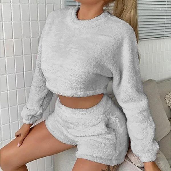 

2pcs/sets plush suits solid o neck sleepwear shorts+crop women tracksuit casual sports set overalls sweatshirts women's tracksuits, Gray