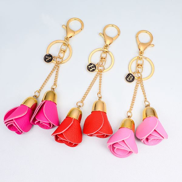 

1piece pu multi-color rose eternal flower letter key ring simple creative personality gift car key lady bag pendant accessories, Slivery;golden