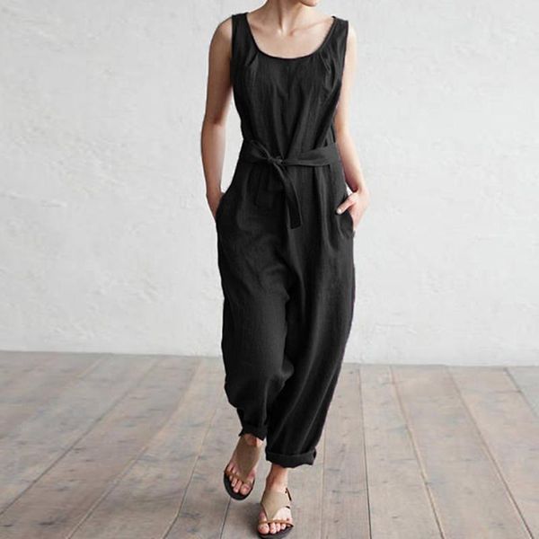 

women's jumpsuits & rompers sleeveless vest elegant high waist belt cotton casual panty length fashion lady leisure round neck bodysuit, Black;white
