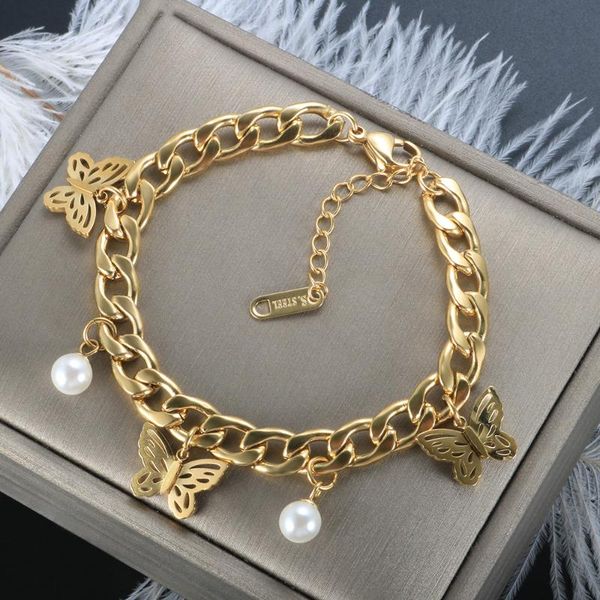 

link, chain zmfashion cuban bracelet butterfly pearl stainless steel gold bracelets for women wrist jewelry wholesale kpop, Black