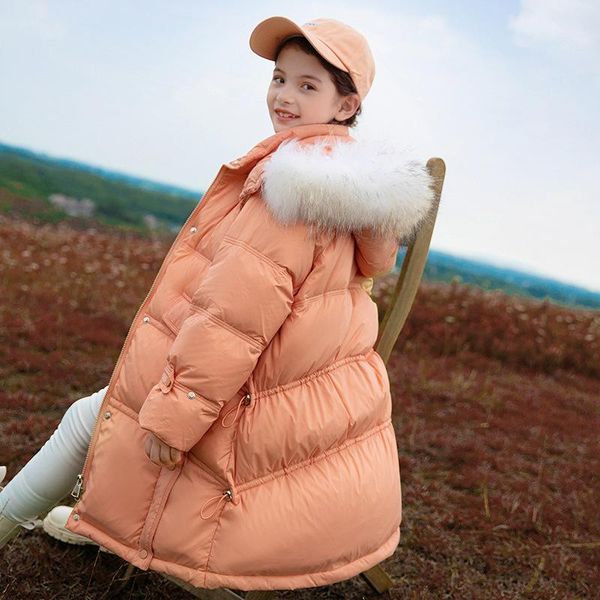 

down coat teenage girls big fur collar hooded long jacket for 4-14 years duck winter solid color windproof terry warm, Blue;gray