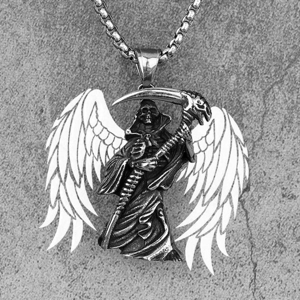 

chains grim reaper scythe skull stainless steel men necklaces pendants chain punk for boyfriend male jewelry creativity gift wholesale, Silver