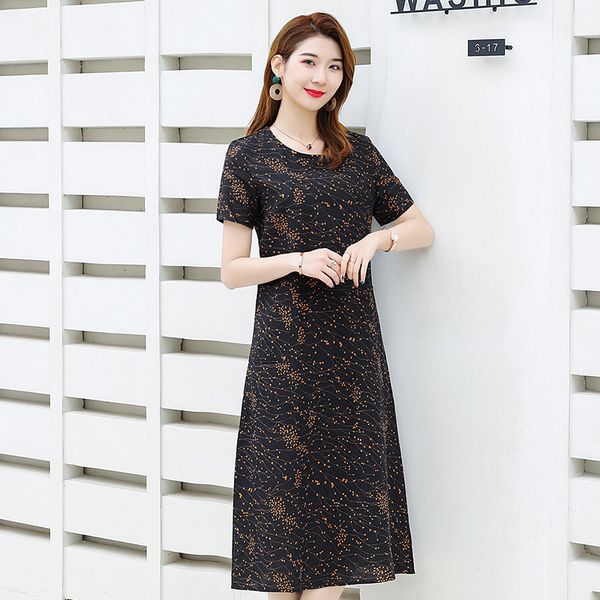 

2021 new women's summer midi plus size elegant printing casual es high waist short sleeve o neck vestidos femme 962k, Black;gray