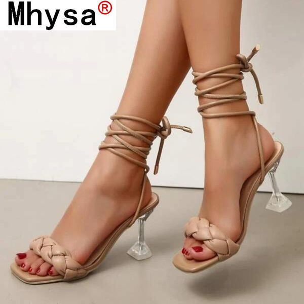 

dress shoes 2021 summer fashion design weave women sandals transparent high heels open toe horseshoe heel ankle strap, Black