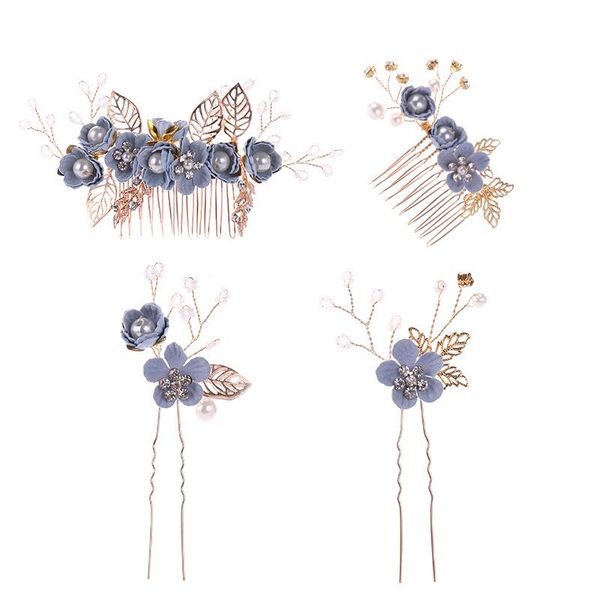 

hair clips & barrettes luxury blue flower combs headdress prom bridal wedding accessories gold leaves jewelry pins, Golden;silver