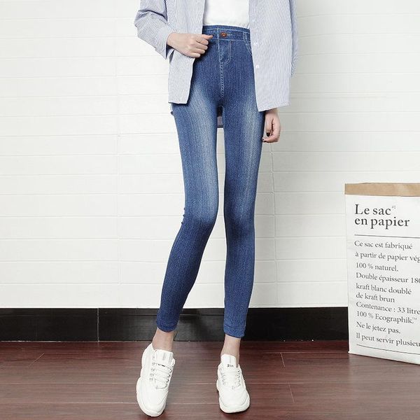 

women's leggings spring/summer printed imitation denim outer thin cotton pants high waist elastic plus size cropped, Black
