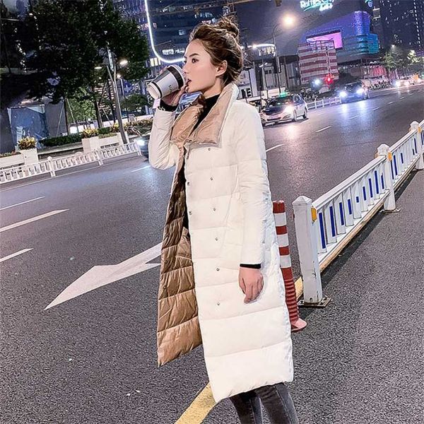 

fitaylor women double sided down long jacket winter double breasted warm parkas white duck down coat 211007, Black
