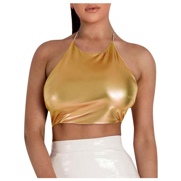 

women's tanks & camis sleeveless sheer cupped backless tank fashion solid color hanging neck navel short with camisole, White