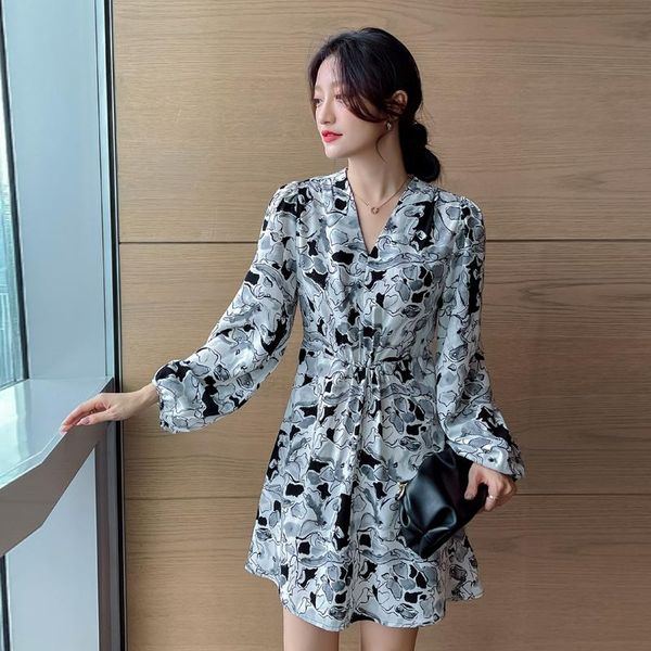 

casual dresses autumn 2021 korean style long sleeve print women's dress fashion office lady short ladies, Black;gray