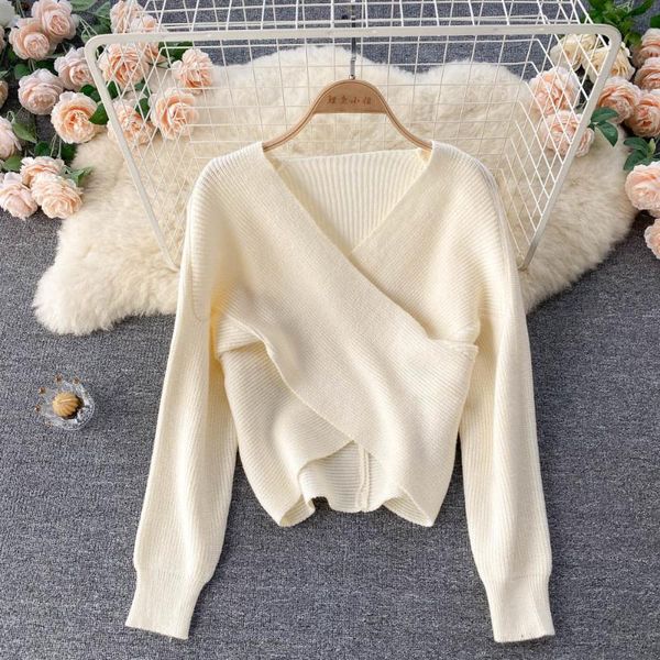 

women's sweaters fashion criss-cross v-neck pullover sweater women solid long sleeve loose knitwear 2021 autumn winter female knitted j, White;black