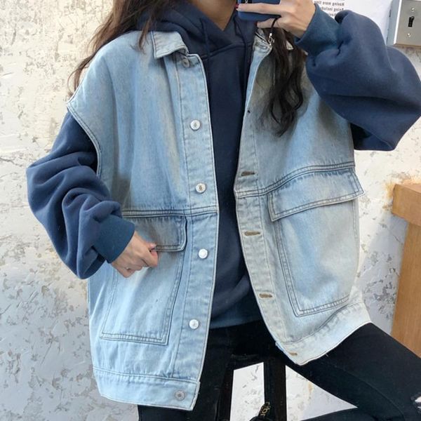 

women's jackets [ewq] 2021 spring female turn down collar single breasted sleeveless minimalist solid color denim jacket cardigan coat, Black;brown