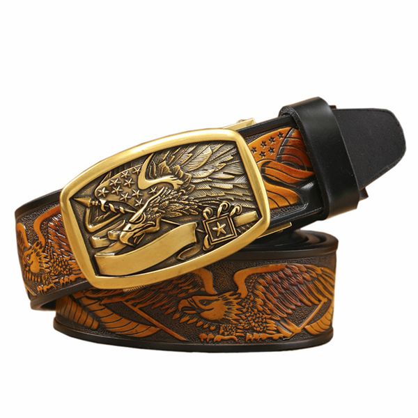 

2021 new vintage automatic eagle buckle belt genuine leather male designer belts men artcraft waist strap cowhide for ih6k, Black;brown