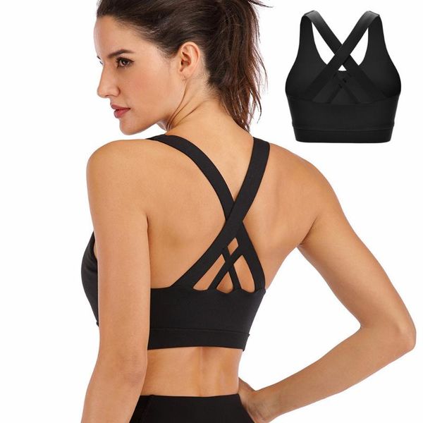 

padded push up cross shoulder strap removable chest pad hollow-out shockproof quick-drying gym workout yoga women new sports bra, White;black