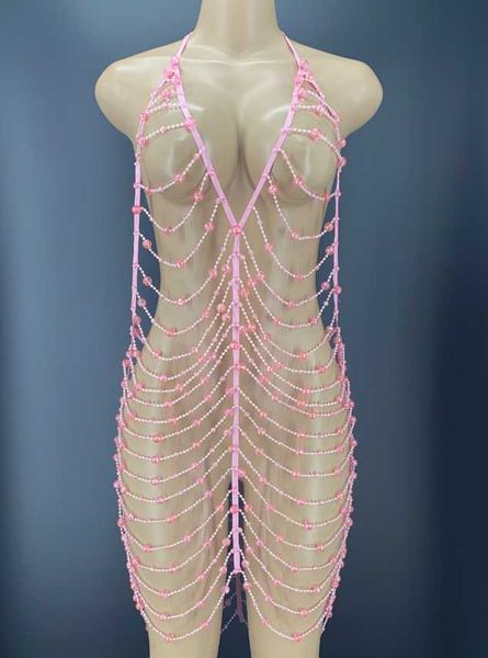 

stage wear pink beaded chains hollow short dress bar dancer singer women evening outfit birthday prom backless youdu, Black;red