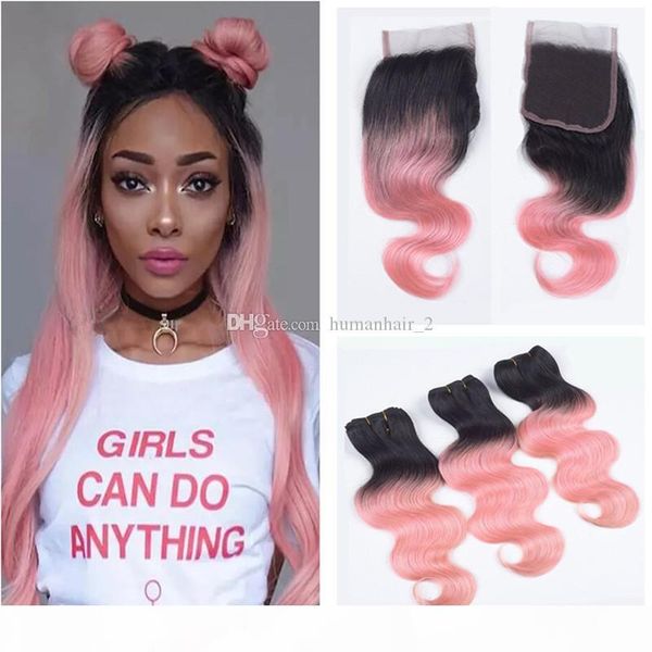 

pink human hair weaves with lace closure 4*4 bleached knots with bundles two tone 1b pink ombre body wave hair with frontal, Black;brown
