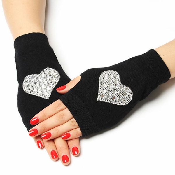 

five fingers gloves lovely rose printed lady rhinestone fingerless women men knitted black wool half finger computer mittens warm, Blue;gray