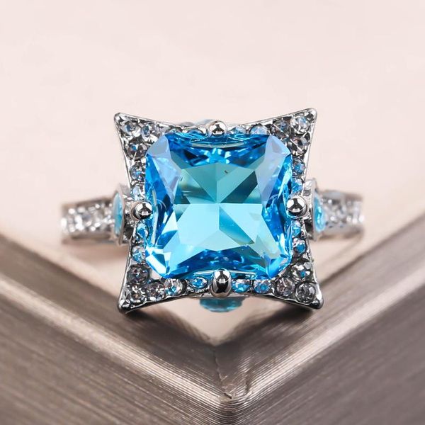 

wedding rings fashion sea blue zirconia for women exquisite geometric modeling jewelry female band gift, Slivery;golden