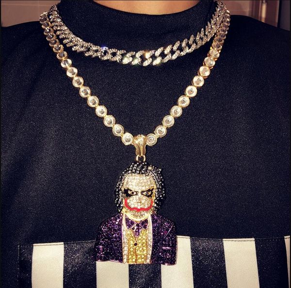 

fashion iced out large cartoon clown cosplay pendant necklace mens hip hop necklace jewelry 76cm gold cuban chain for men women, Silver