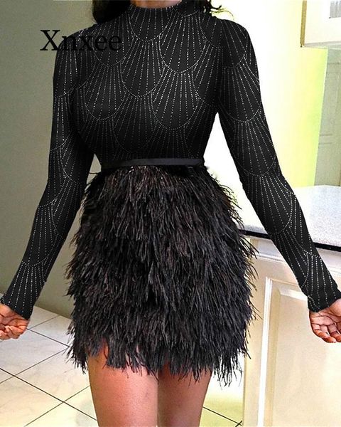 

casual dresses feathers women winter mini dress o-neck full sleeve above knee night club stamping bandage dresse, Black;gray