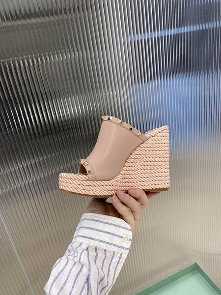 

brand women wedge hemp rope slippers classic rivets design high heel shoes genuine leather chunky-heel slipper, Black